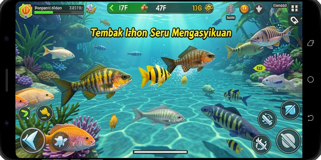 Screenshot gameplay 47F menampilkan serunya menembak ikan.