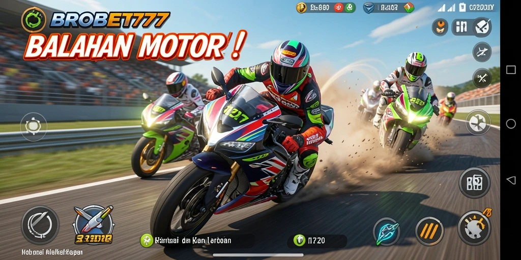 Tampilan seru gameplay BROBET77 dengan balapan motor yang cepat.