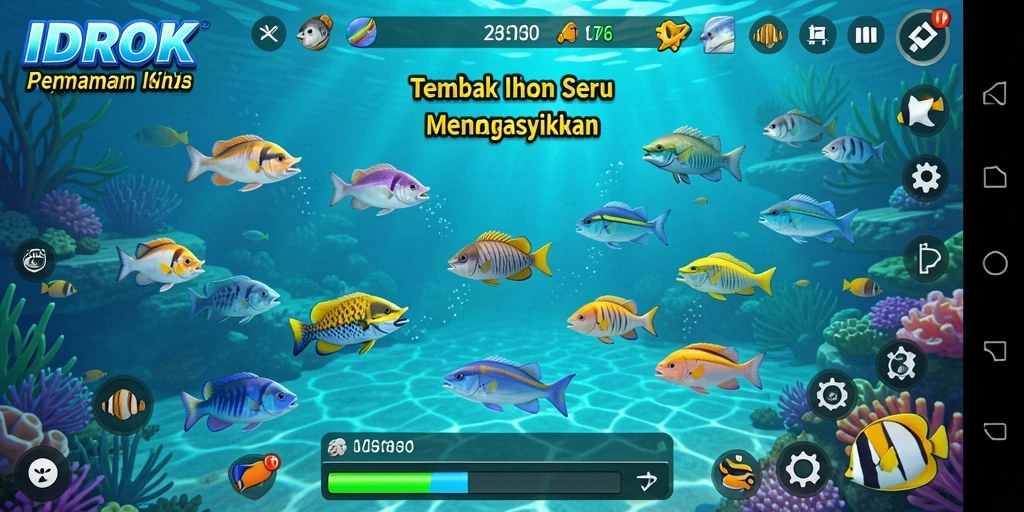 Screenshot menunjukkan aksi menangkap ikan dalam permainan IDROK.