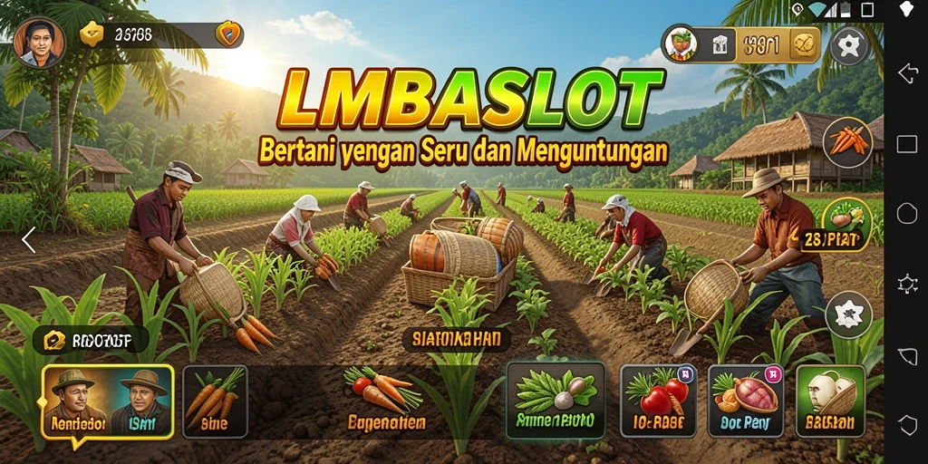 Screenshot LMBASLOT menampilkan pemain yang sedang merawat kebun dengan tanaman hijau yang subur.