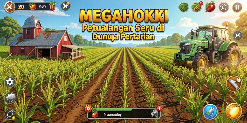 Tampilan gameplay <strong>MEGAHOKI</strong> yang menarik saat bertani dengan berbagai tanaman.