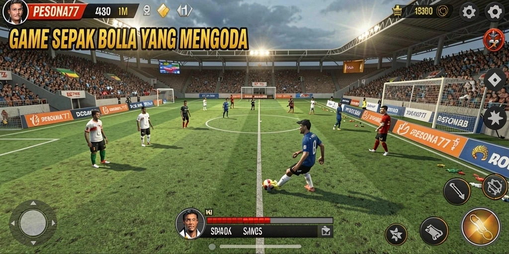 Tangkapan layar PESONA77 menampilkan momen seru dalam pertandingan sepak bola.