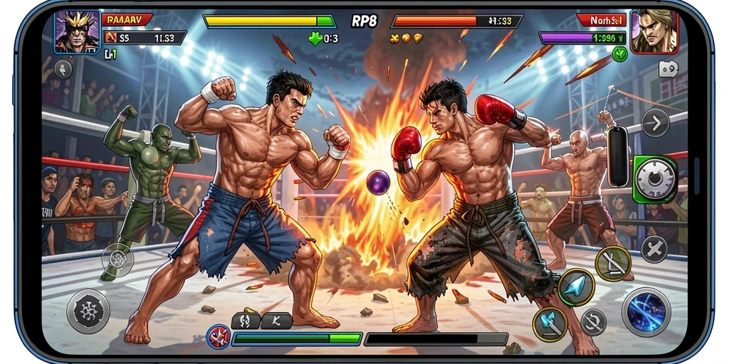 Tampilan gameplay RP8 yang mendebarkan dalam pertempuran Fighting.