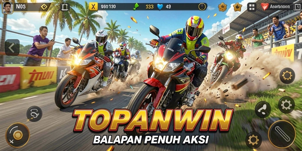 Screenshot gameplay menunjukkan aksi balapan motor yang mendebarkan.